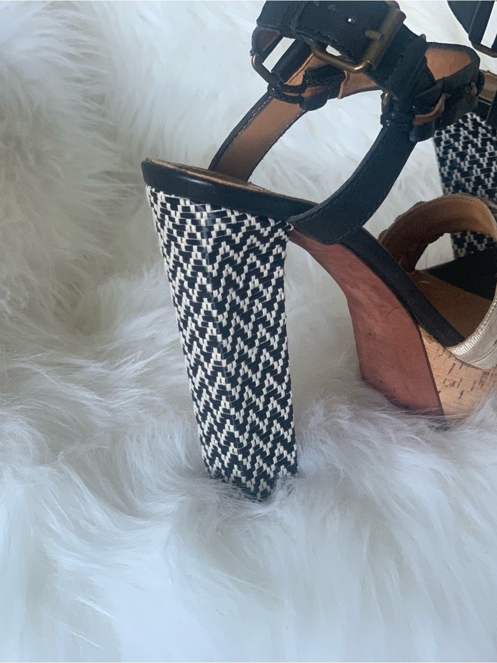 Lanvin Black, Tan & Cream Braided Cork Platform Sandals - Picture 2 of 12